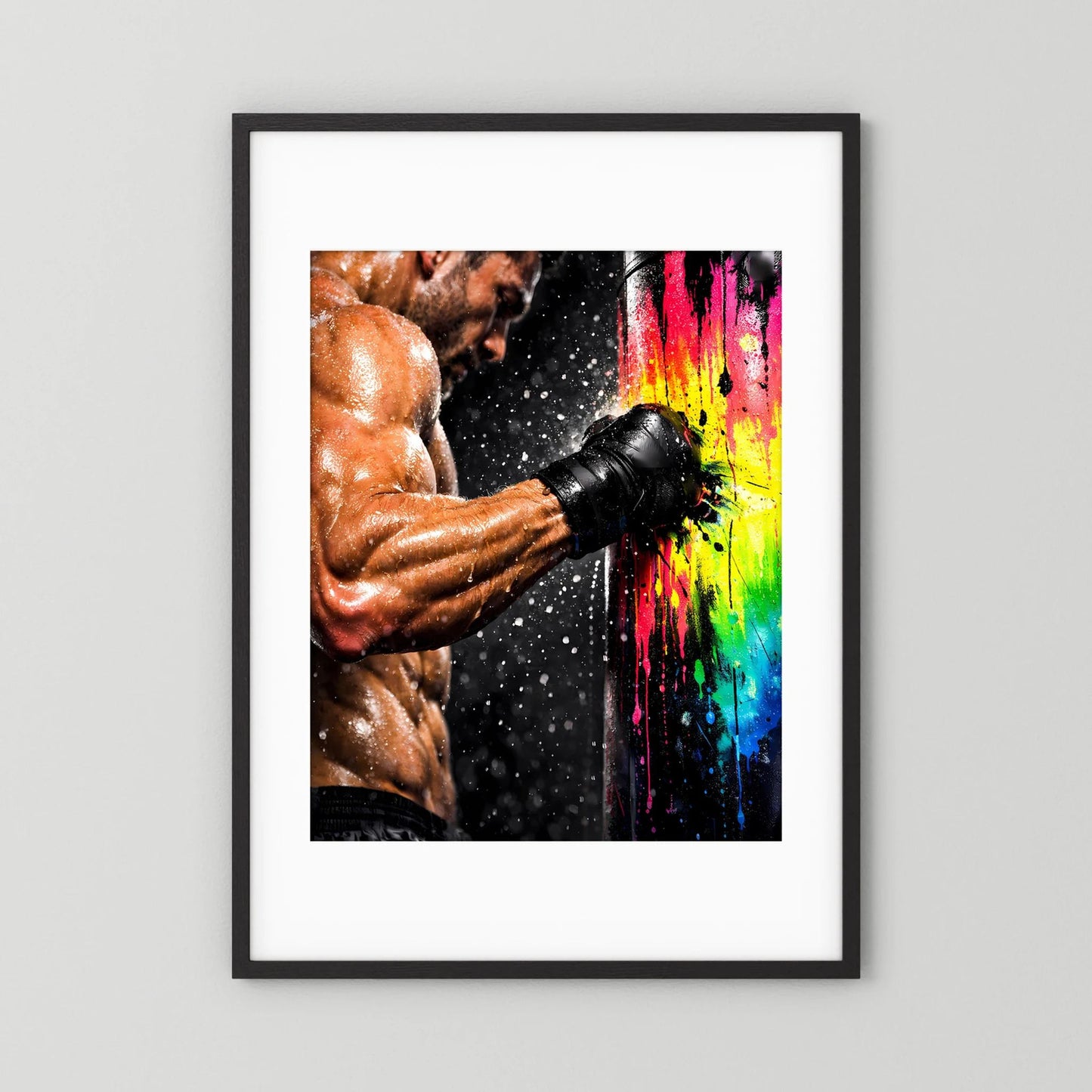 Hochformat-Poster: Boxer mit Boxhandschuhen, schwarzer Rahmen mit weißem Passepartout
