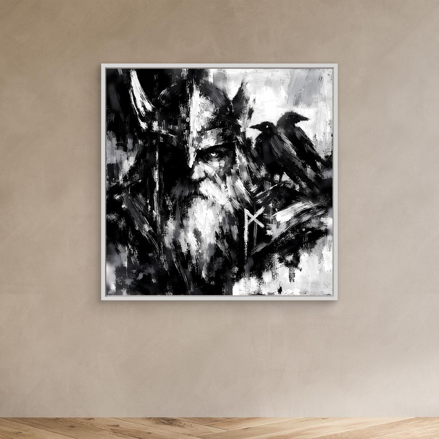 Leinwand-Wandbild mit Odin und Rabe, Schwarz-Weiß, weißer Rahmen, quadratisch