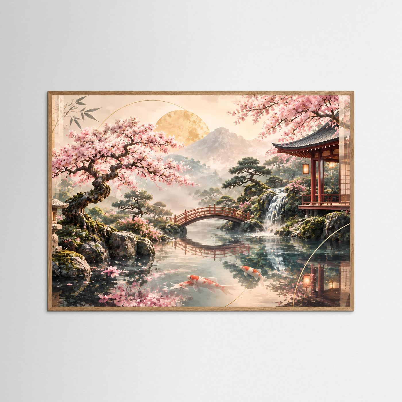 Zen-Garten-Poster im Querformat mit hellem Holzrahmen; Kirschblüten, Koi im Wasser, Tempel