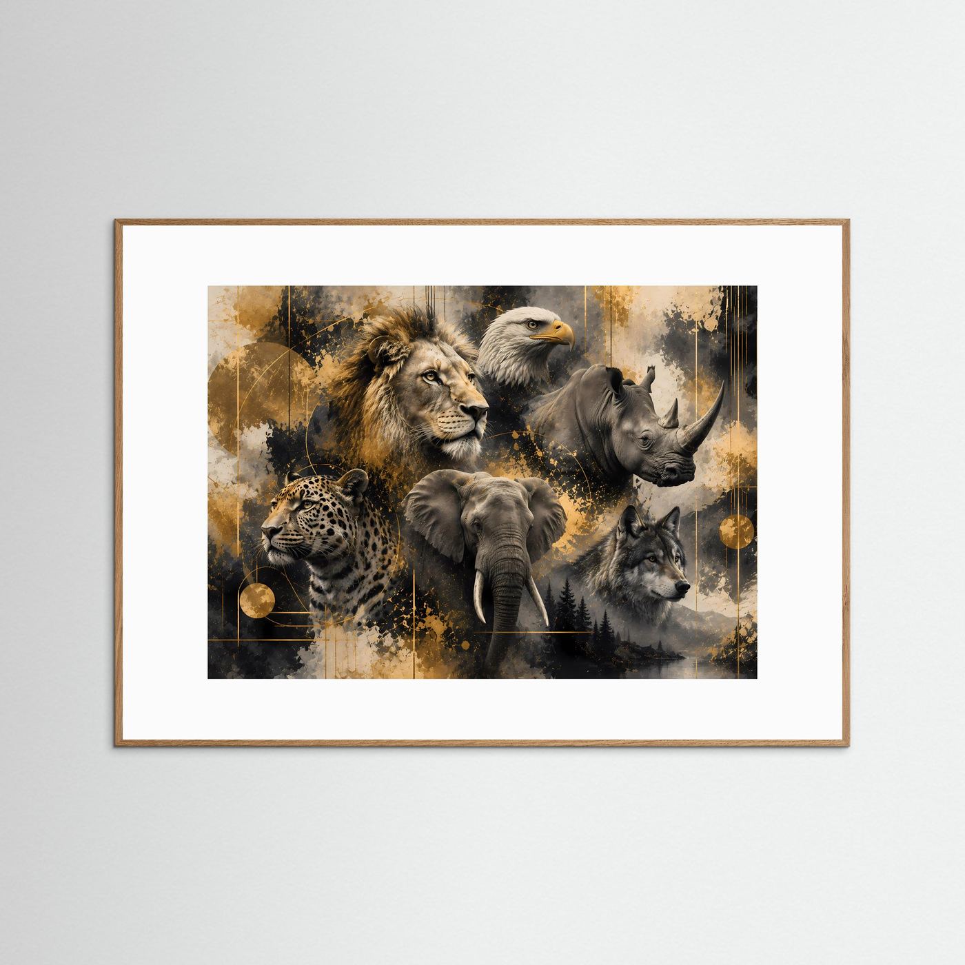 Tierposter im Querformat mit Löwe, Elefant, Wolf, Adler, Nashorn im Gold-Schwarz-Stil, brauner Holzrahmen