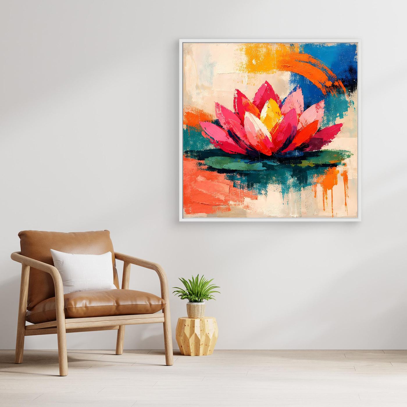 Abstract lotus canvas wall art in a white frame, pink and yellow petals with teal and coral tones