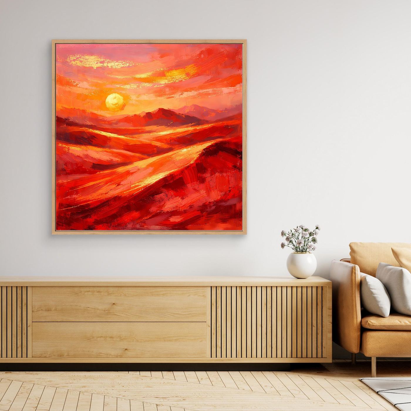 Abstraktes Wandbild in Rot-Orange mit Sonnenmotiv, gerahmt, klare Kanten
