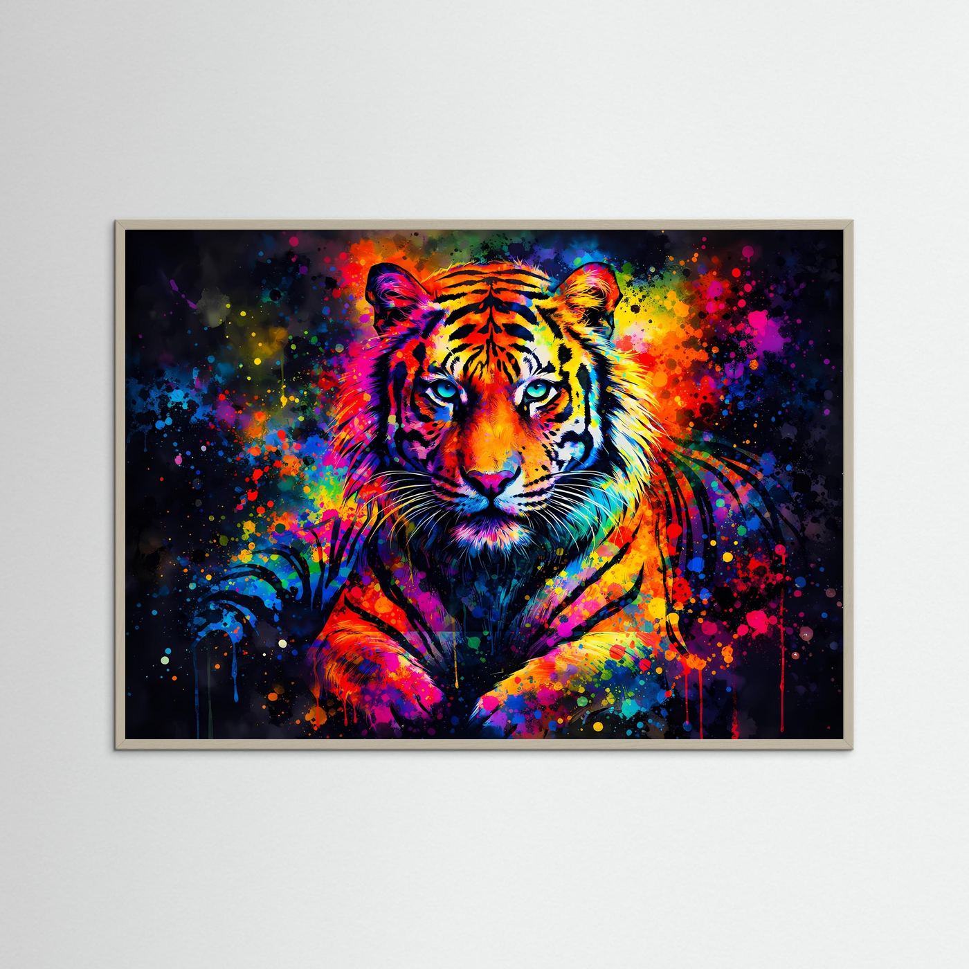 Tiger-Pop-Art-Poster im Querformat mit Tiger im Spritzfarben-Look und grauem Holzrahmen