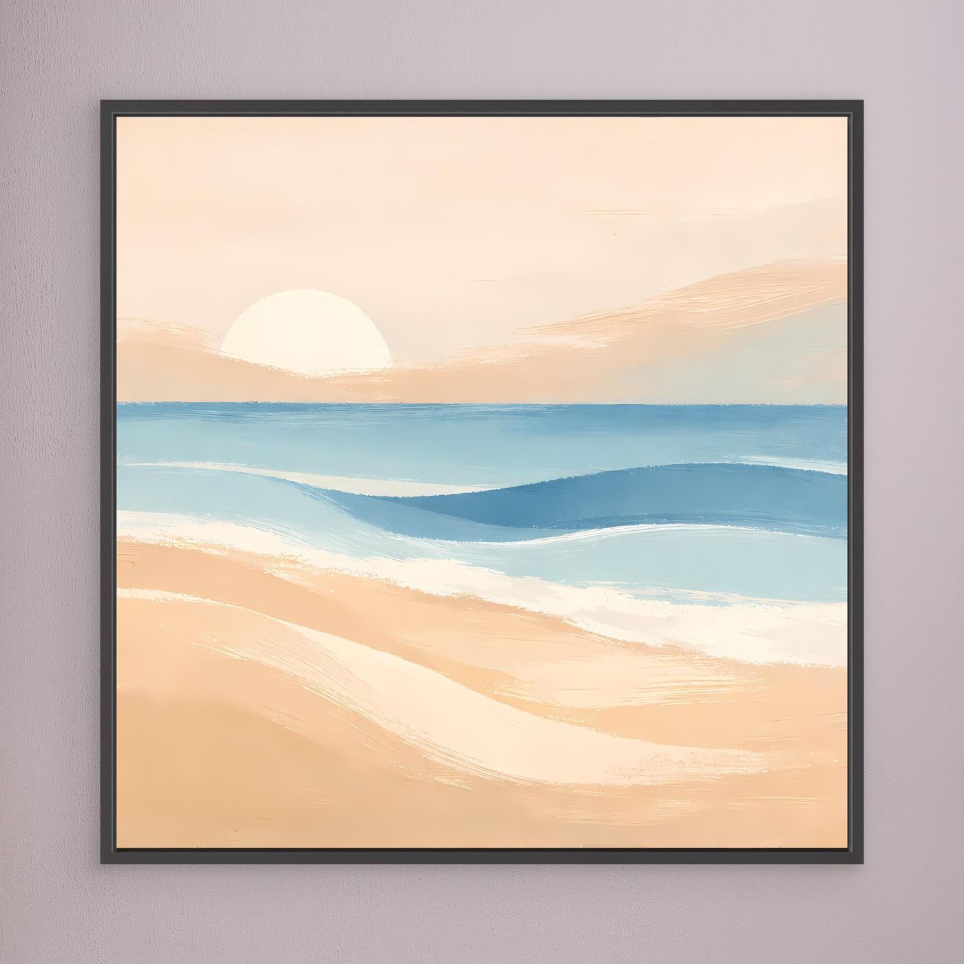 Leinwandbild mit schwarzem Rahmen: abstrakter Strand, bläuliche Wellen und Pastell-Sonnenkreis.