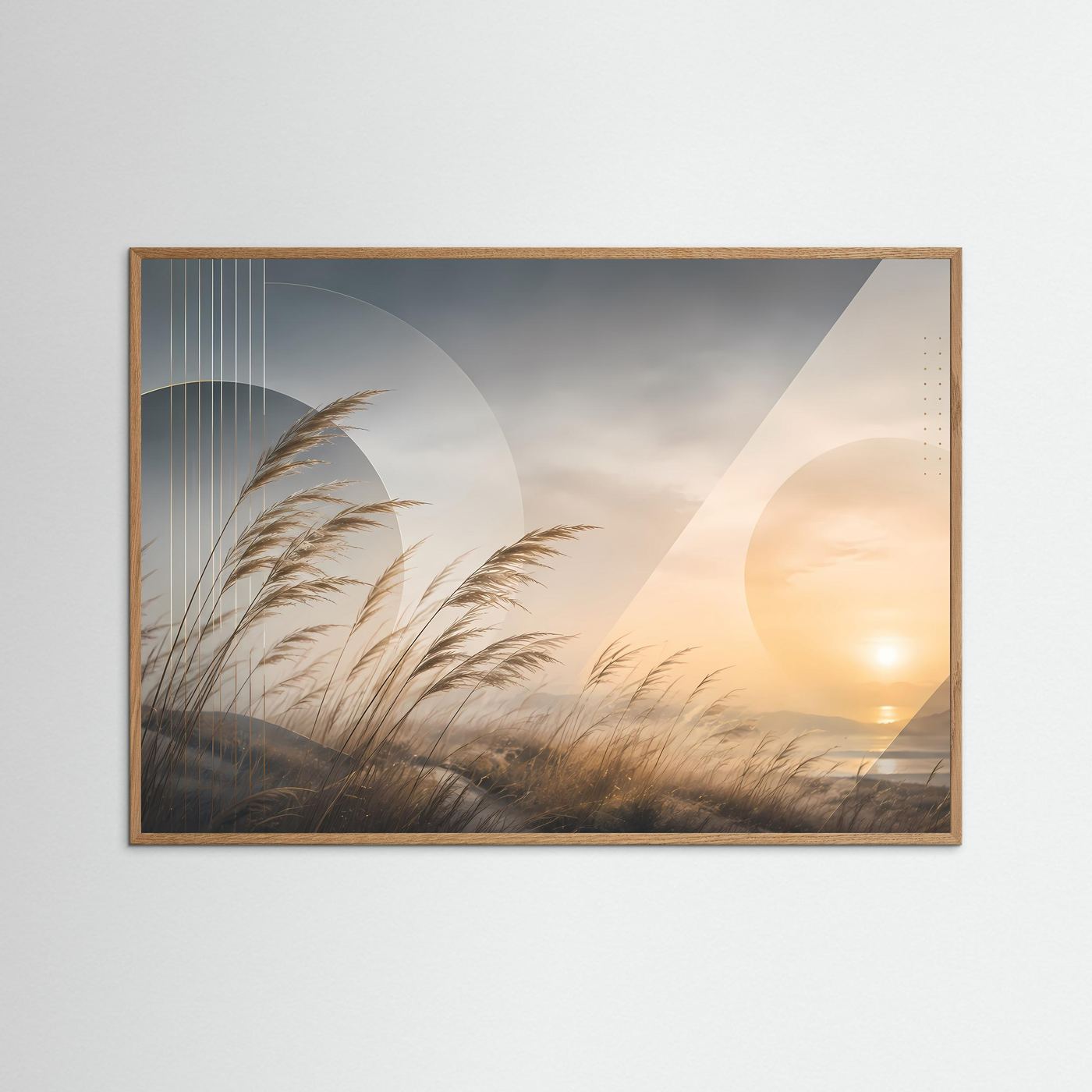 Wandbild mit Gräsern im Abendlicht in Beige- und Goldtönen, heller Eichenrahmen