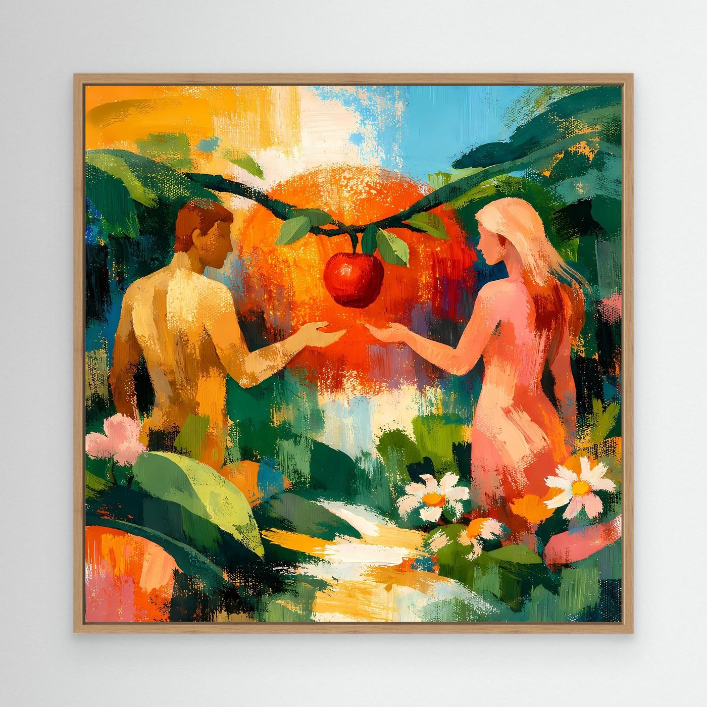 Abstract garden Eden wall canvas with oak frame, two nude figures holding red fruit