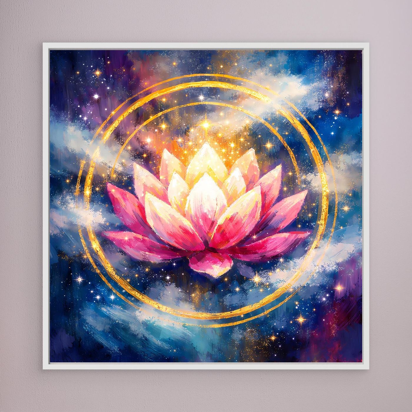 Leinwand-Wandbild Lotusblüte im Kosmos, Sterne und goldene Kreise, weißer Rahmen