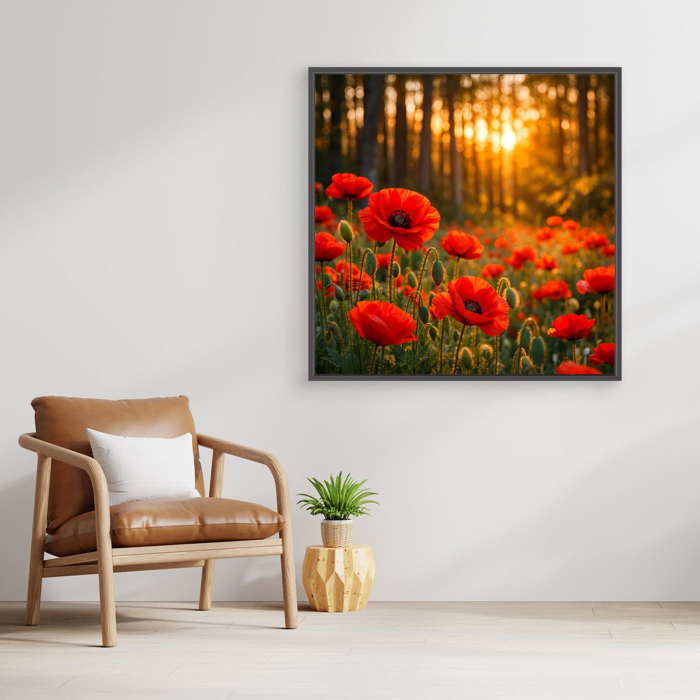 Leinwandbild mit dunklem Rahmen: roter Mohn im Wald, goldene Sonnenstrahlen