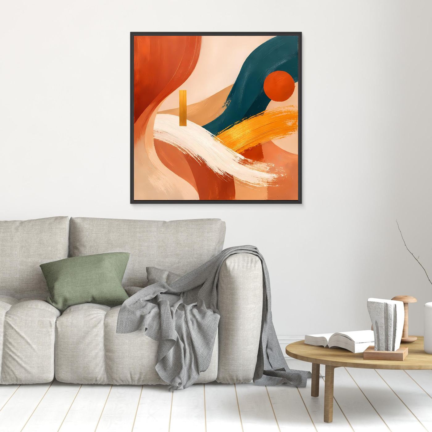 Wandbild aus Leinwand mit abstrakter Boho-Landschaft, Terracotta- und Petrolflächen, orangefarbener Kreis, schwarz gerahmt