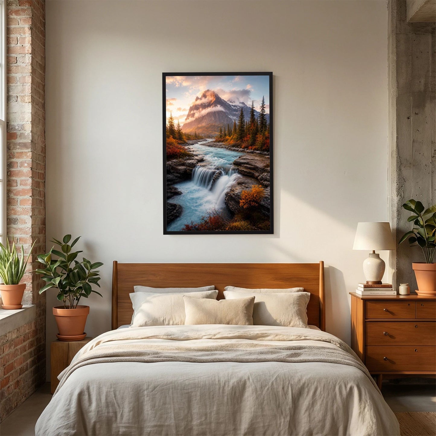 Hochformat-Poster im schwarzen Rahmen mit Wasserfall, Fluss und Berglandschaft im Herbst