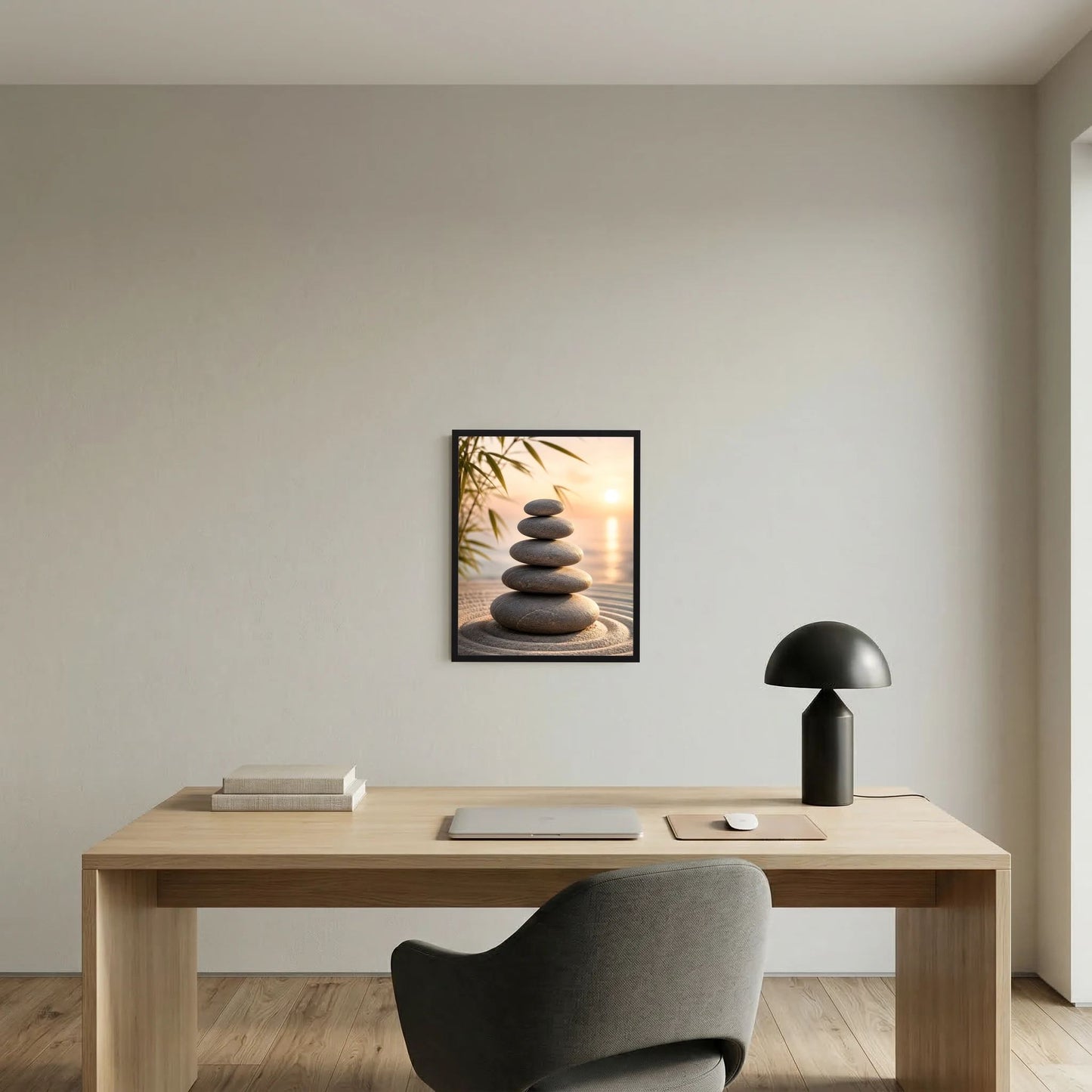 Kunstposter im Hochformat mit schwarzem Rahmen und Stapel dunkler Steine