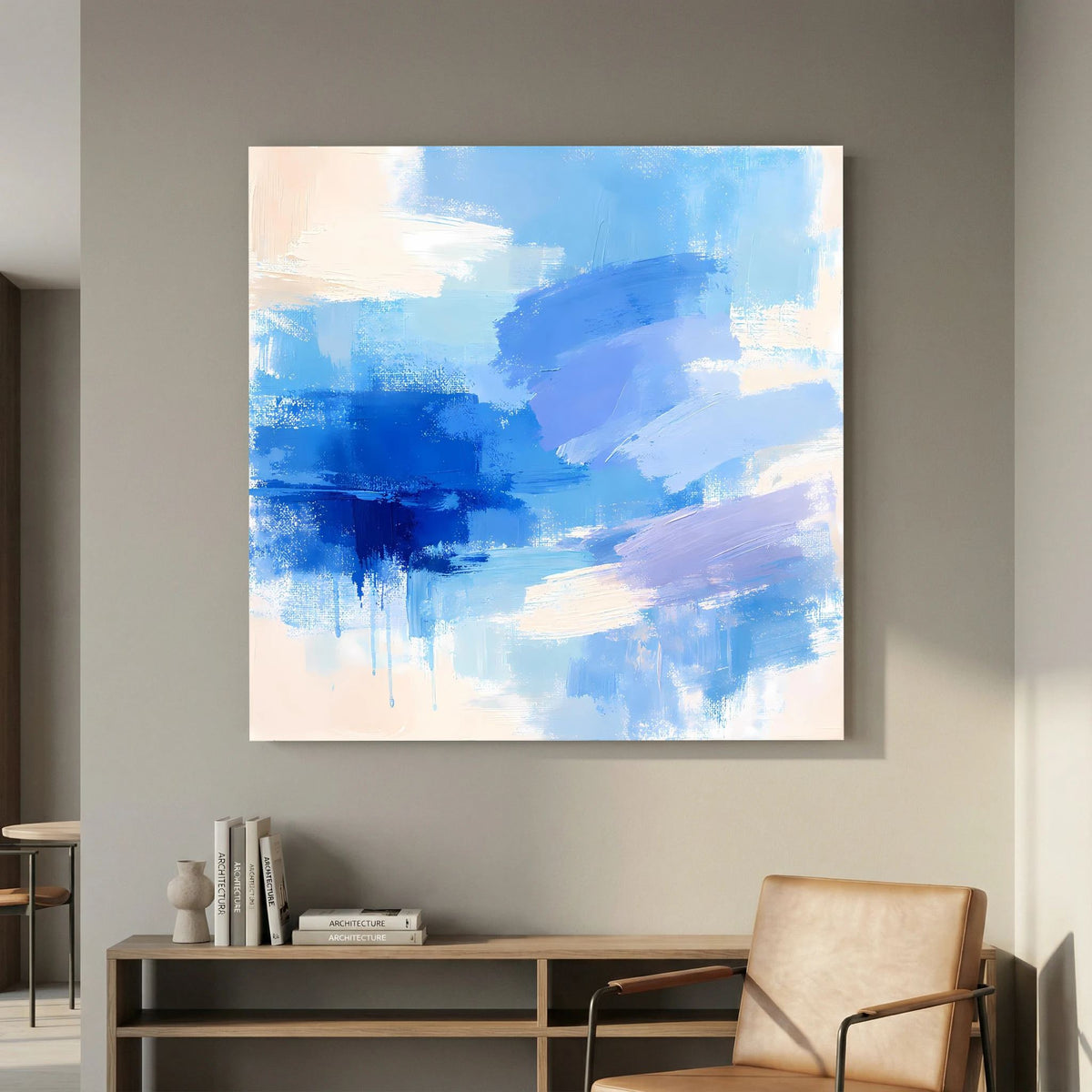 Leinwand Abstrakte Blaue Pinselstriche | Modernes Minimalistisches Wandbild Meer