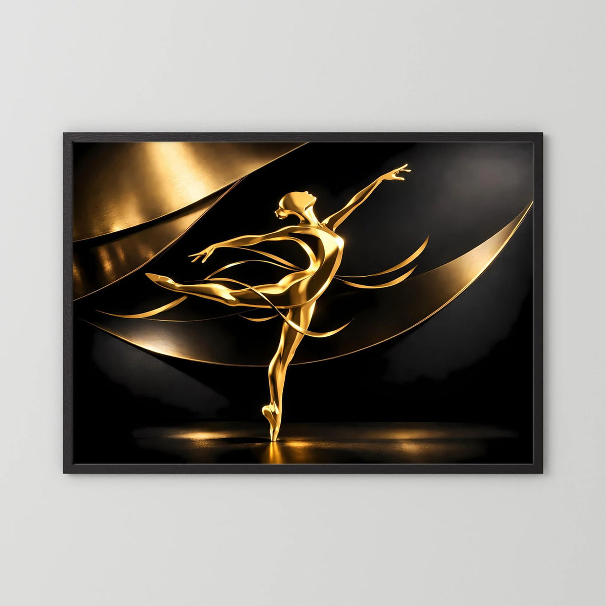 Wandbild im schwarzen Rahmen mit goldener Ballerina-Skulptur auf dunklem Grund.