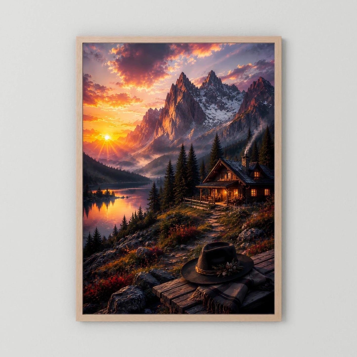 Poster mit Alpenlandschaft bei Sonnenuntergang, Berge, See und Hütte im Naturholzrahmen