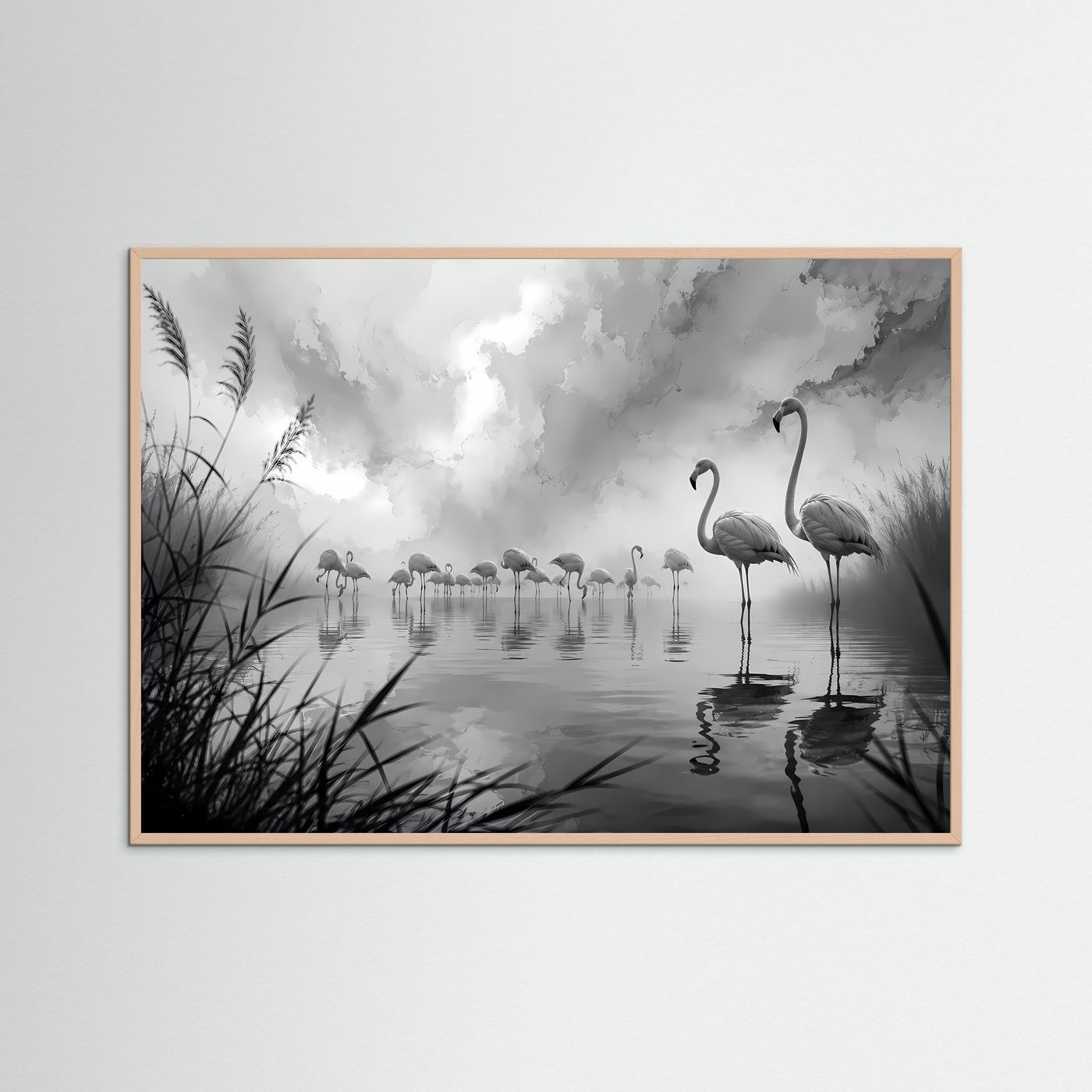 Flamingos im Nebel Schwarz-Weiß | Elegante Natur Wandkunst