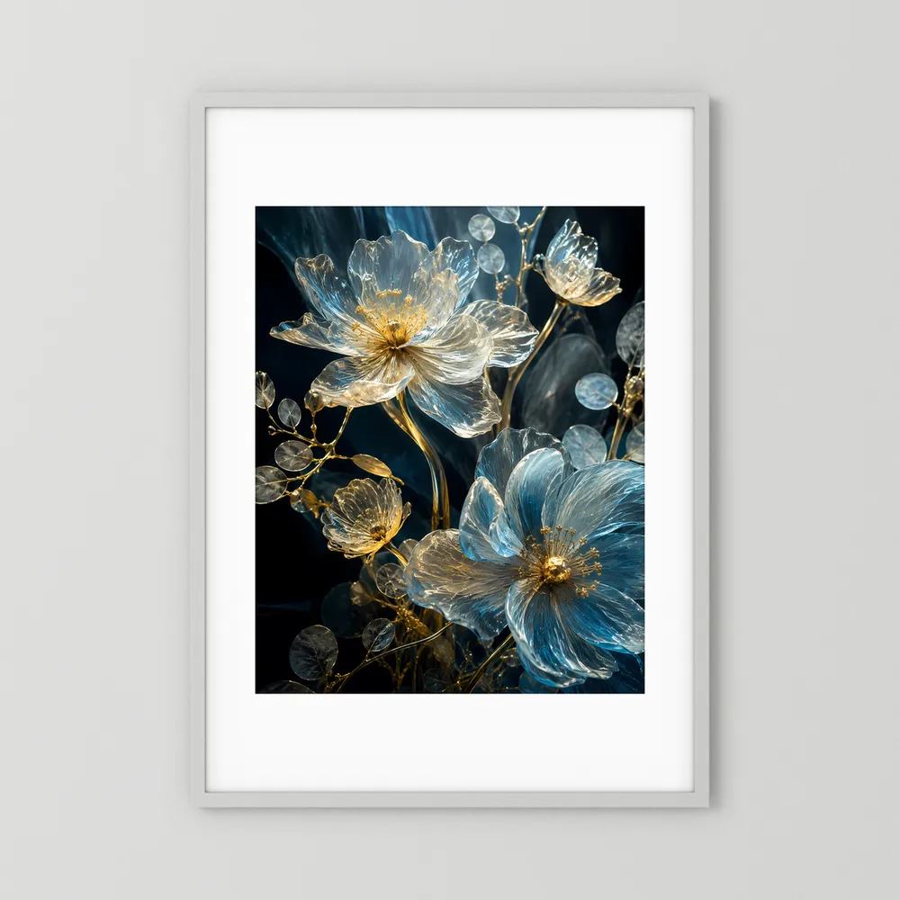 Poster mit blauen und goldenen Kristallblüten im weißen Rahmen