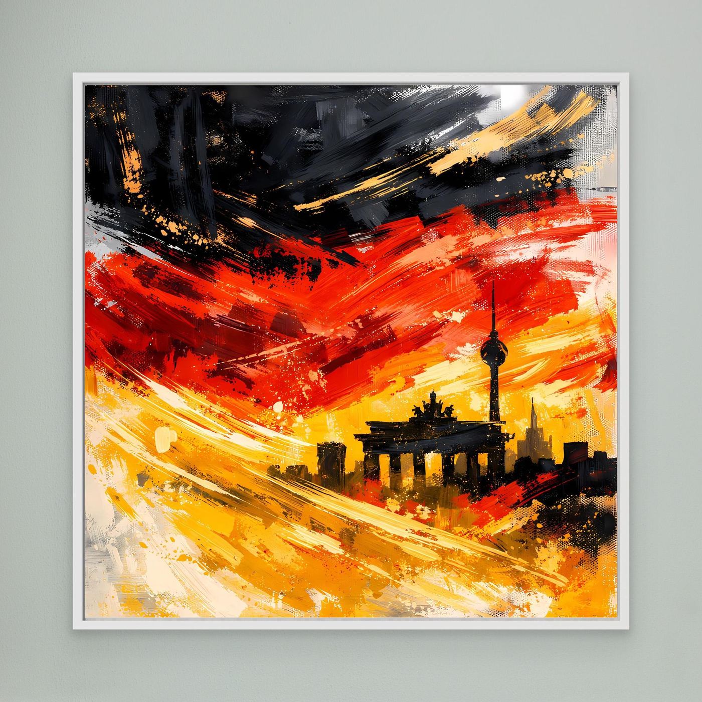 Gerahmtes Leinwandbild mit abstrakter Skyline: rot-gelbe Pinselstriche, Silhouette des Fernsehturms