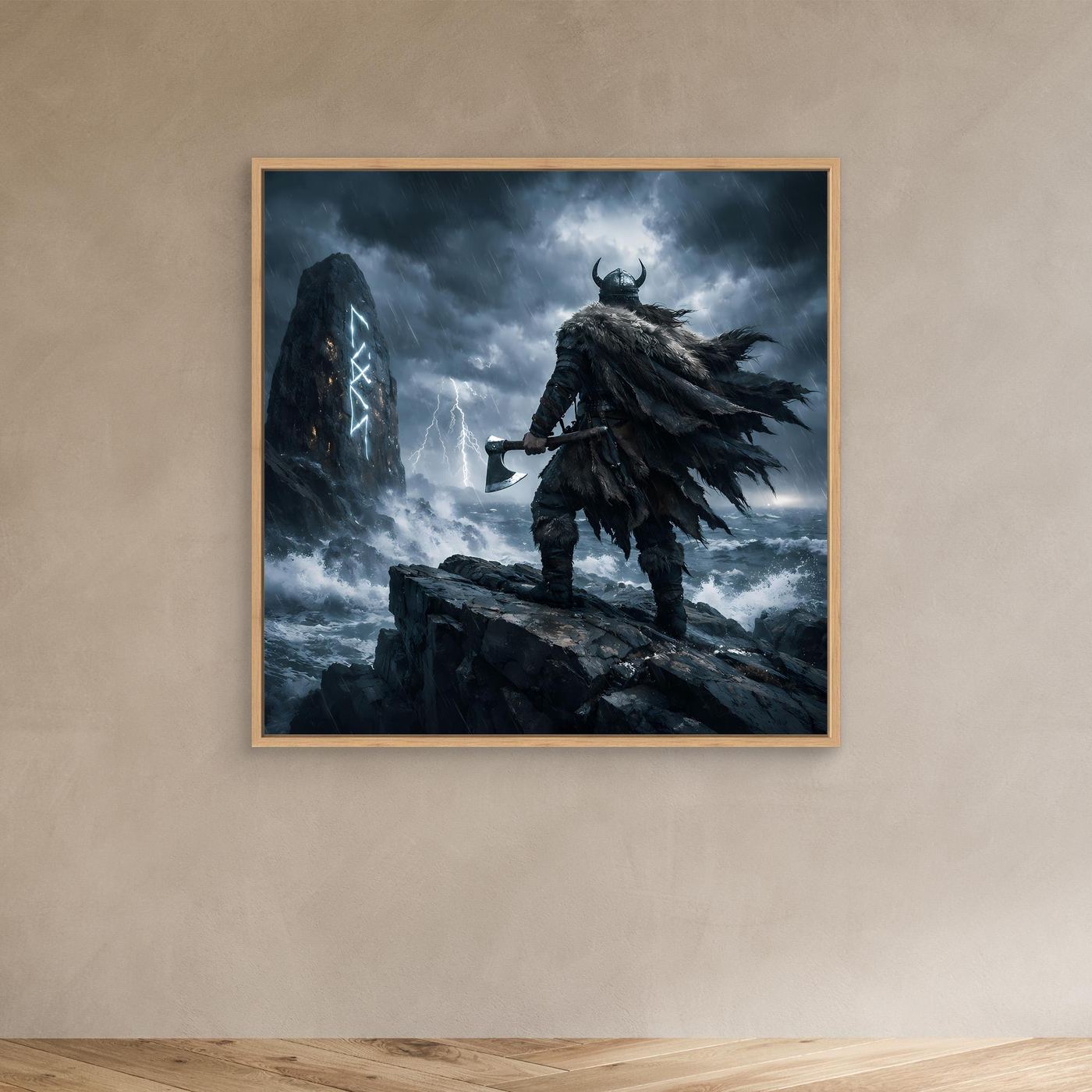 Leinwand Mystischer Wikinger am Runenstein | Abstraktes Nordisches Gewitter Wandbild