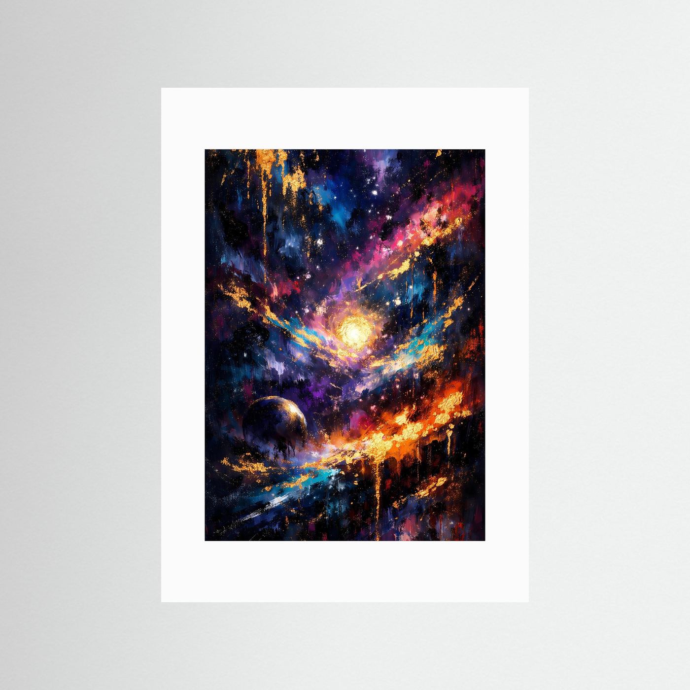 Hochformat-Weltallposter mit abstrakter Galaxie, leuchtender Sonne, ohne Rahmen, mit Passepartout