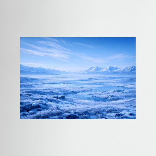 Panorama-Naturposter mit blauem Bergpanorama im Nebel, ohne Rahmen, mit blauem Rand.