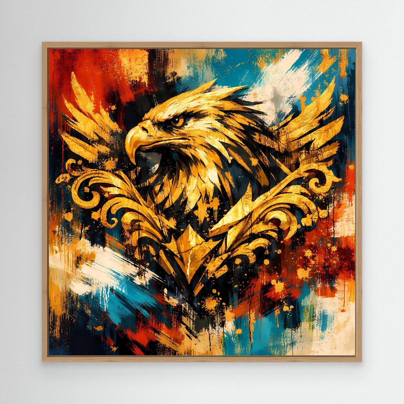 Leinwandbild mit goldenem Adler im Barock-Stil, abstraktes Farbspritzmotiv, Eichenrahmen