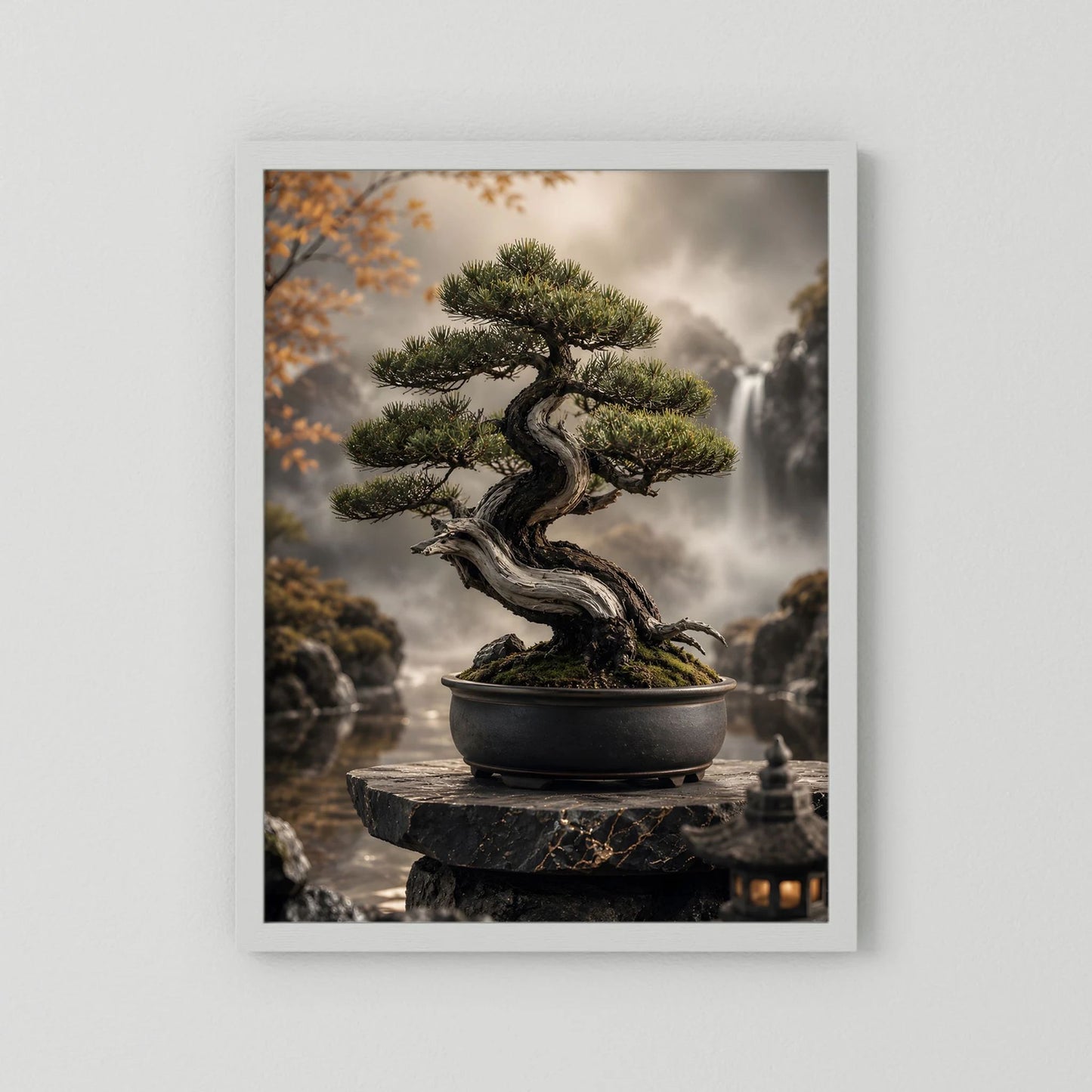 Bonsai-Baum-Poster im weißen Rahmen, Bonsai auf dunklem Steinpodest