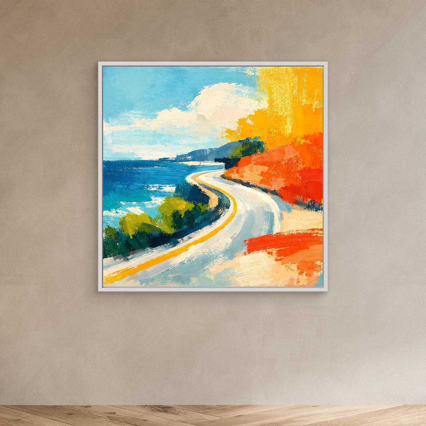 Abstract coastal street canvas with white frame; curving road, blue water, orange and yellow
