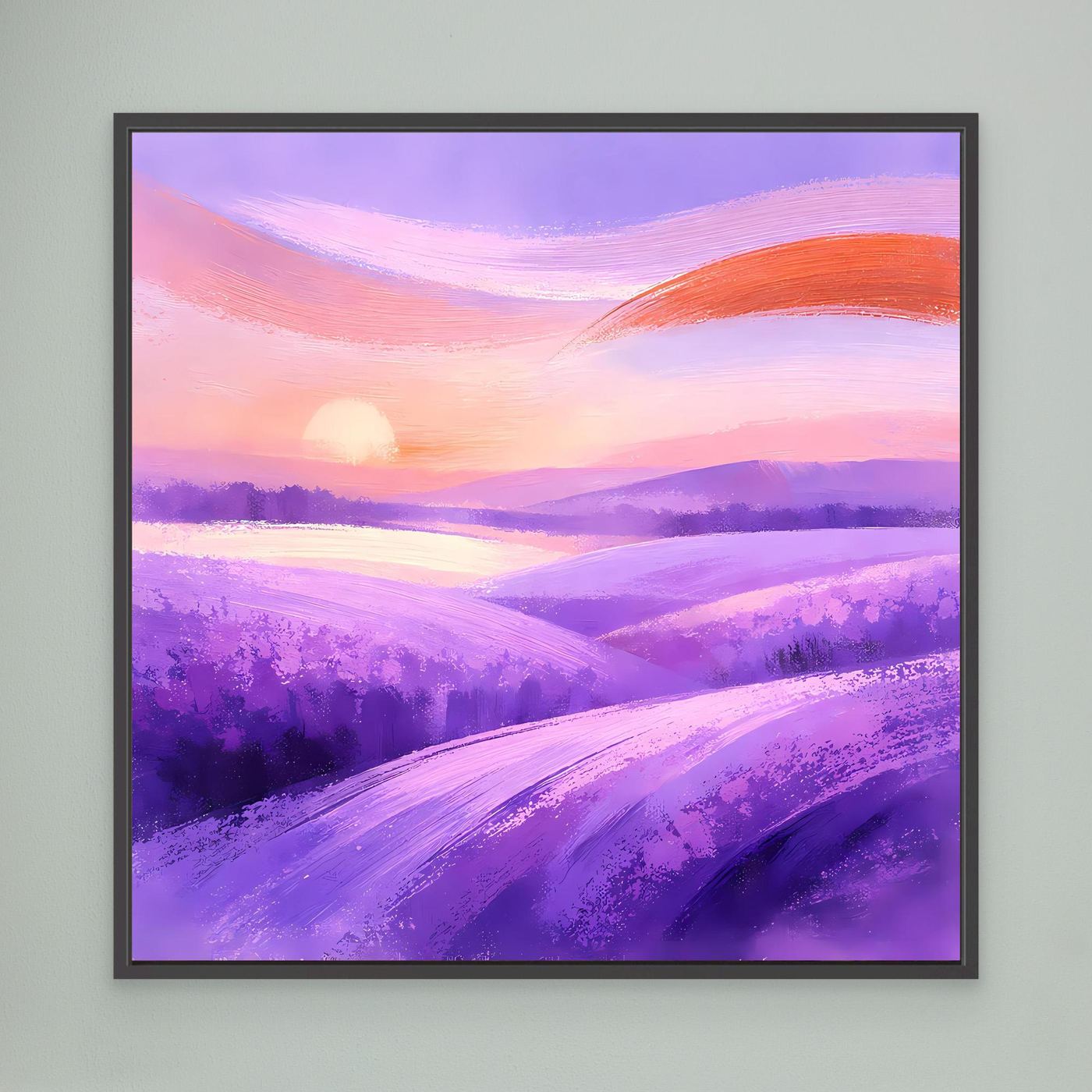 Leinwandbild mit abstraktem Lavendelfeld und orangefarbenem Himmel, schwarz gerahmt