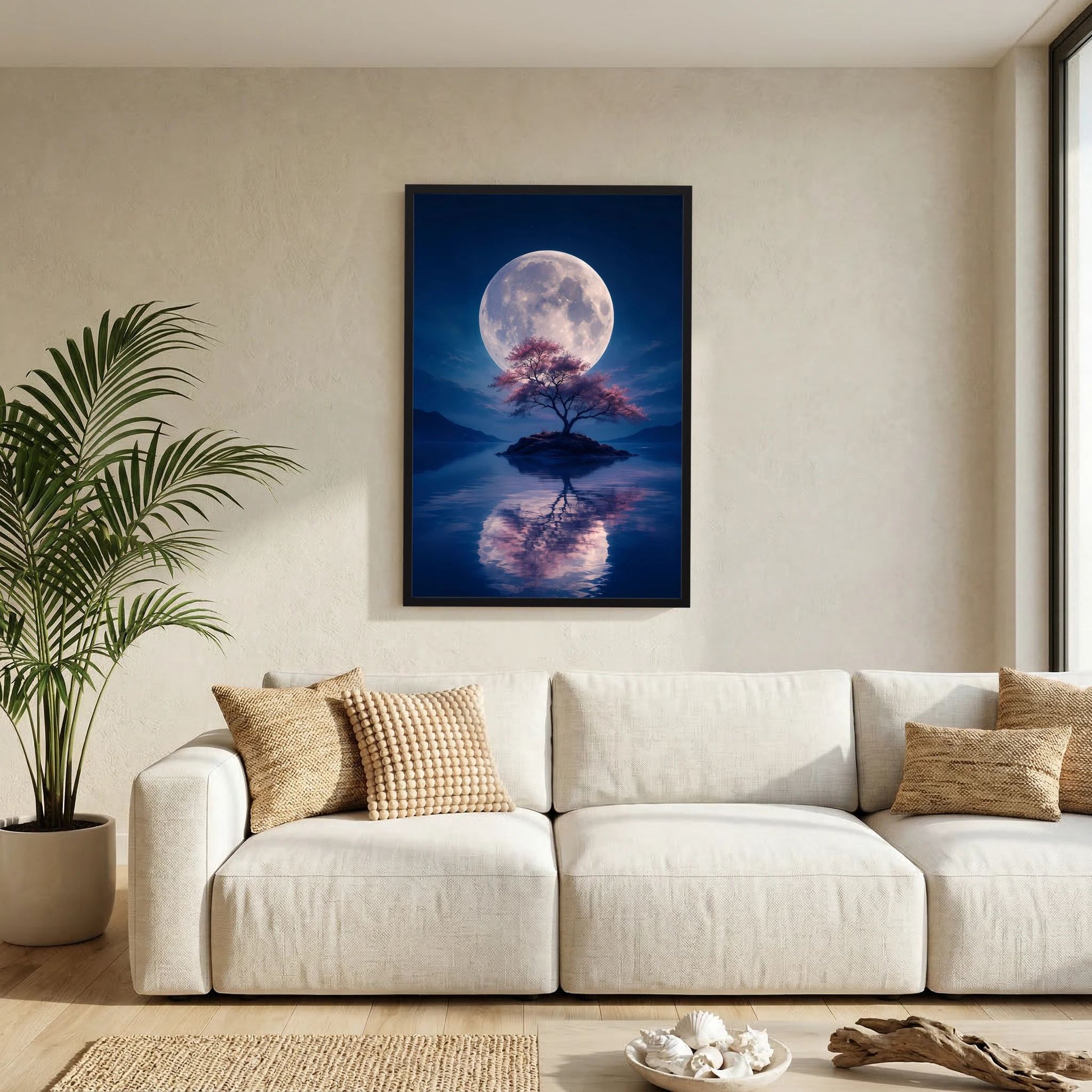 Gerahmtes Hochformat-Poster an der Wand: Vollmond, Baum auf Insel, Reflexion im Wasser