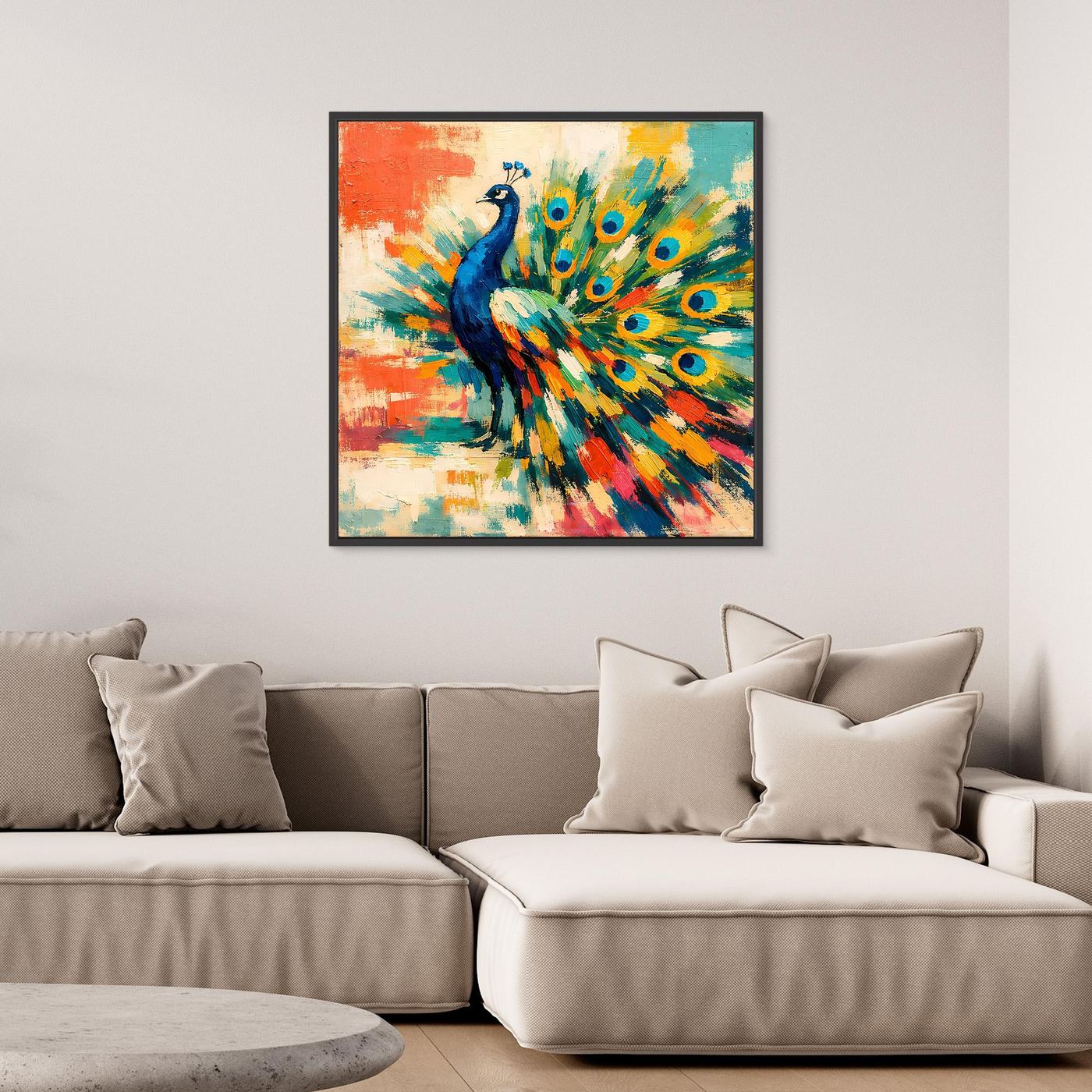 Peacock abstract canvas wall art, multicolor feather fan, square frame