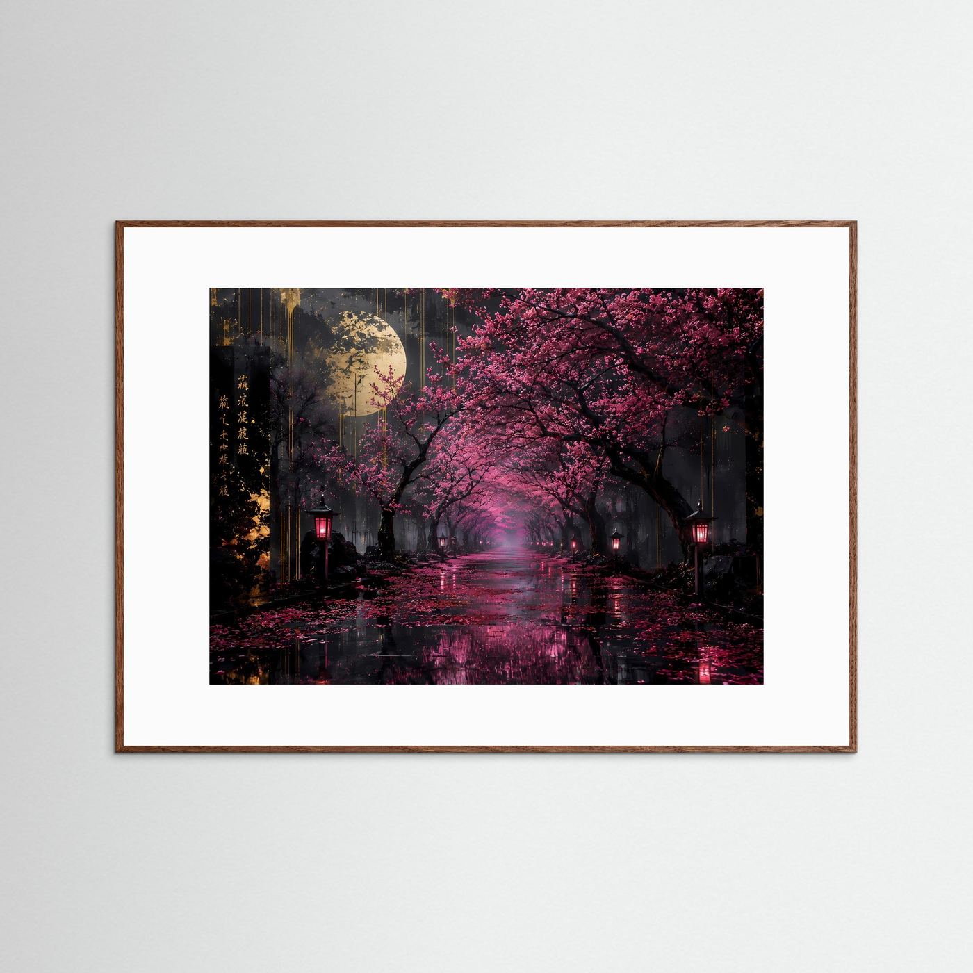 Sakura Allee Wandbild | Japanische Kirschblüten bei Vollmond | Asiatische Zen Landschaft | Premium Leinwandbild | Modernes Poster