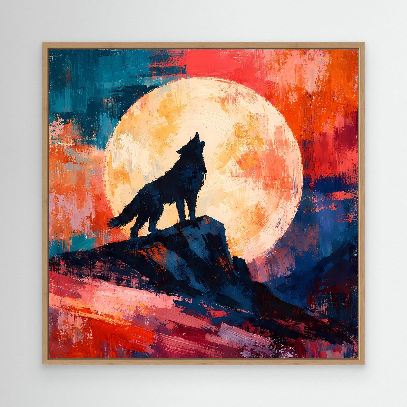 Leinwand Abstraktes Wolf Gemälde | Modernes Mystisches Wandbild Heulender Wolf Vollmond
