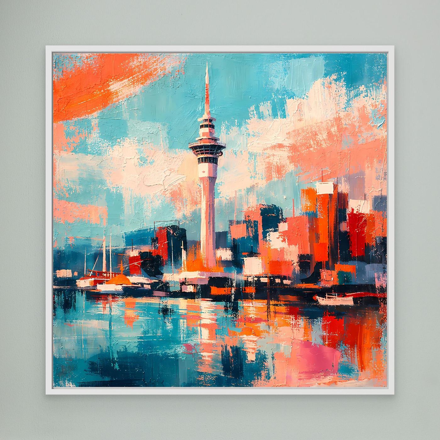 Wandbild mit abstrakter Skyline und Sky Tower, türkis-orangefarbener Farbverlauf, weißer Rahmen