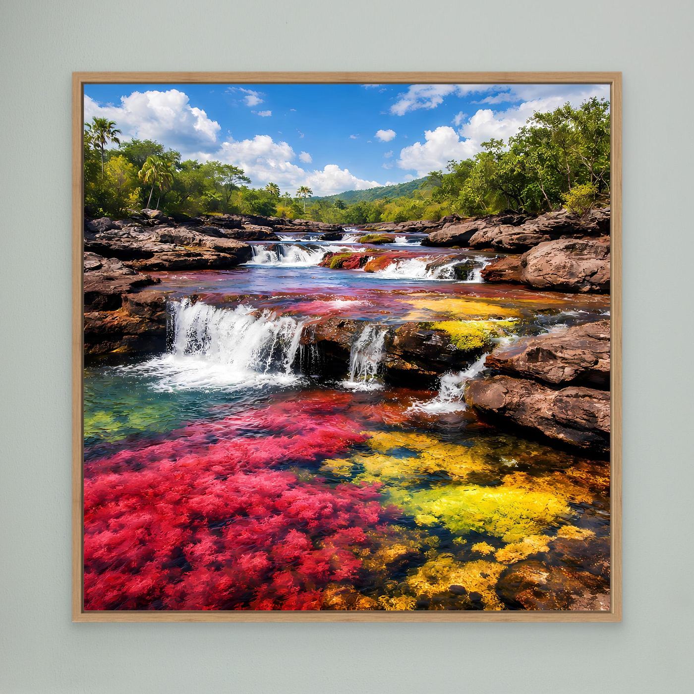 Leinwandbild mit Holzrahmen: Wasserfall über farbigen Felsen und Regenbogenfluss