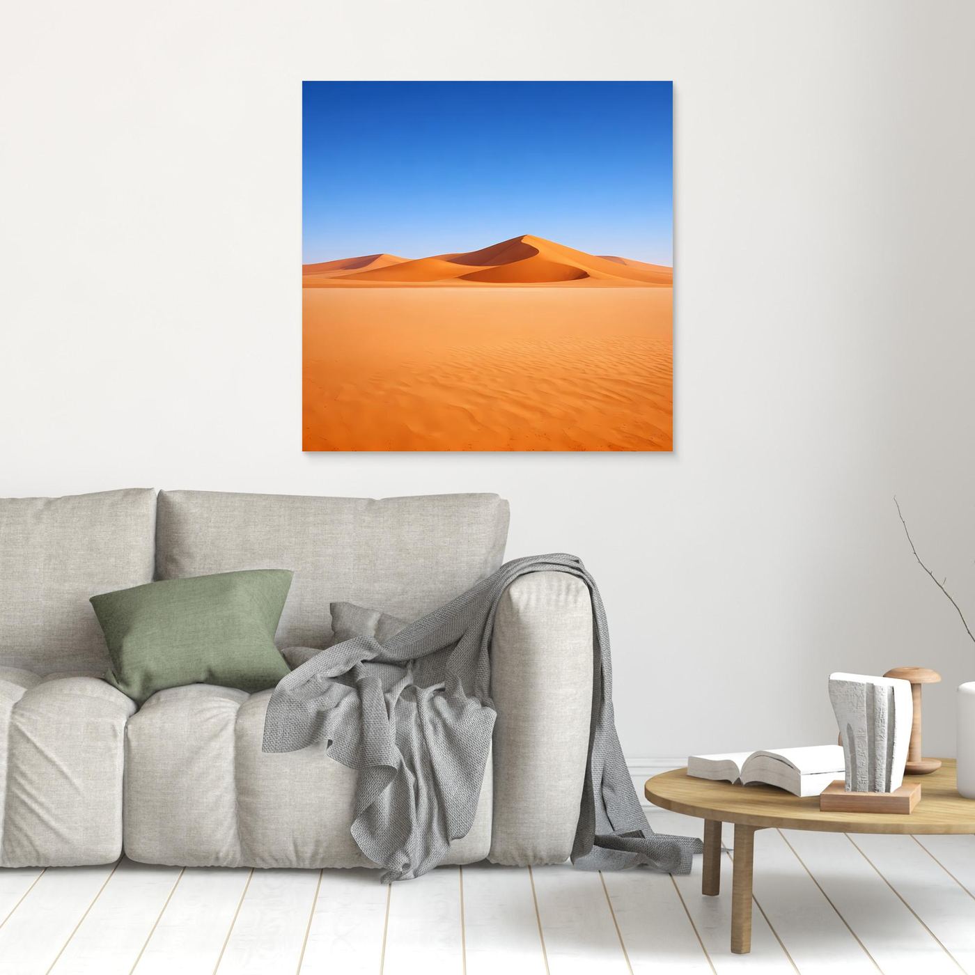 Leinwandbild: Sanddünenlandschaft mit blauem Himmel und orangefarbenem Wüstensand