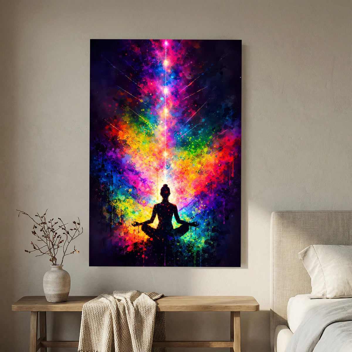 Hochformatiges Poster mit schwarzer Meditationsfigur und regenbogenfarbener Energie
