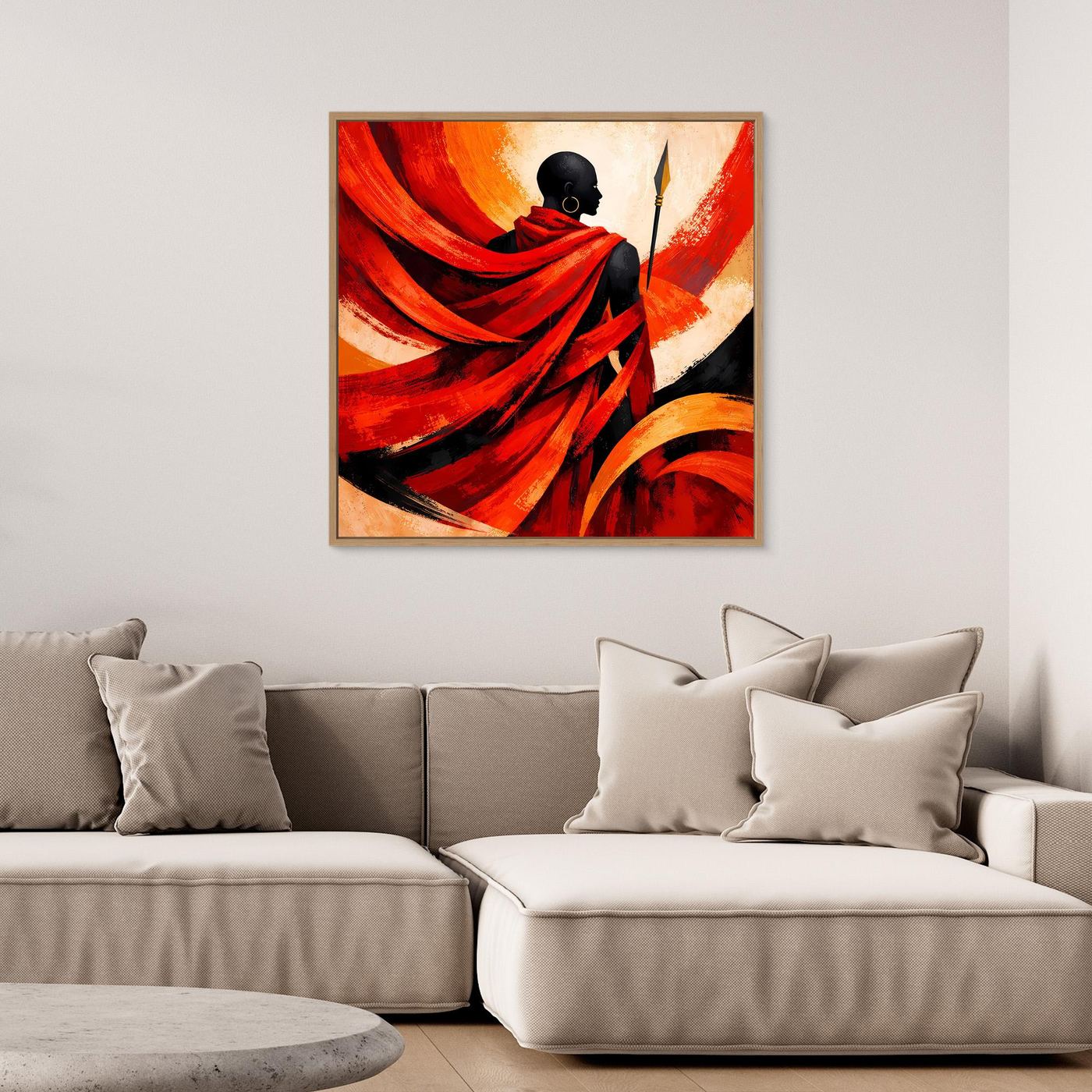 Leinwand-Wandbild der Speerfigur im Profil mit rotem, fließendem Gewand und abstraktem Hintergrund
