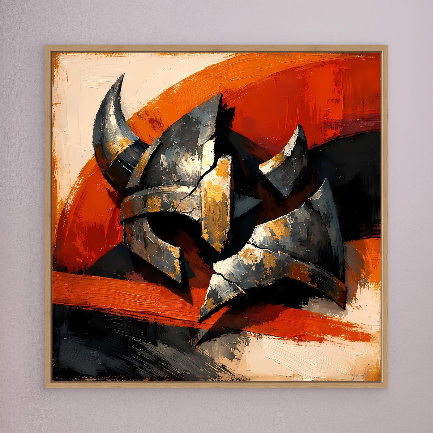 Leinwandbild mit Wikingerhelm, abstraktes Gemälde in Grau, Schwarz und Orange, Holzrahmen