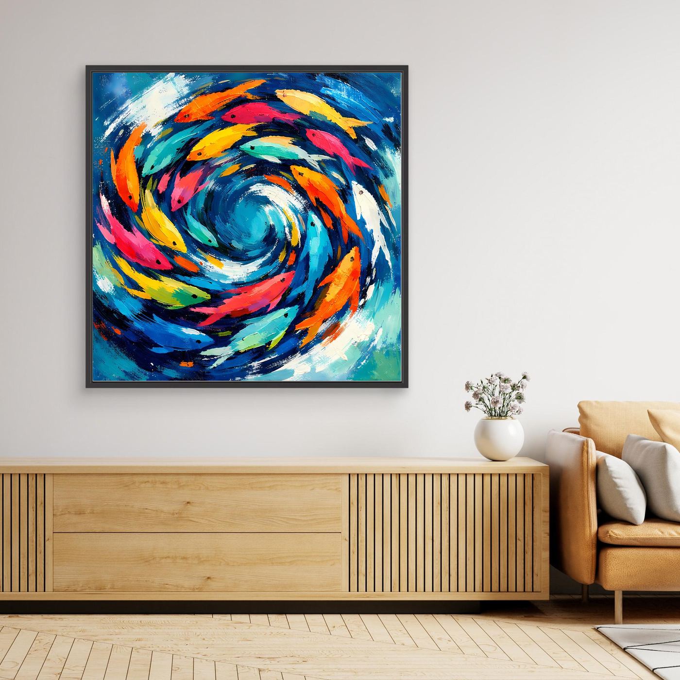 Leinwand Dynamischer Fischschwarm im Strudel | Abstraktes Ozean & Meer Wandbild