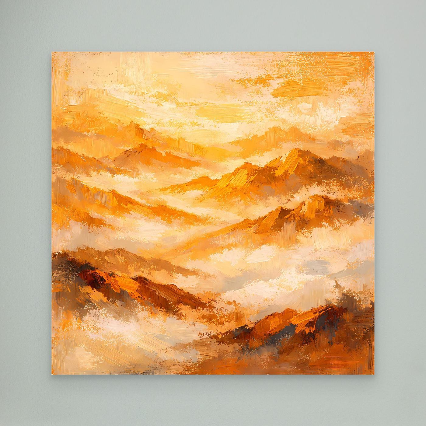 Leinwand-Wandbild mit abstraktem Bergpanorama in Gold- und Orangetönen, ohne Rahmen