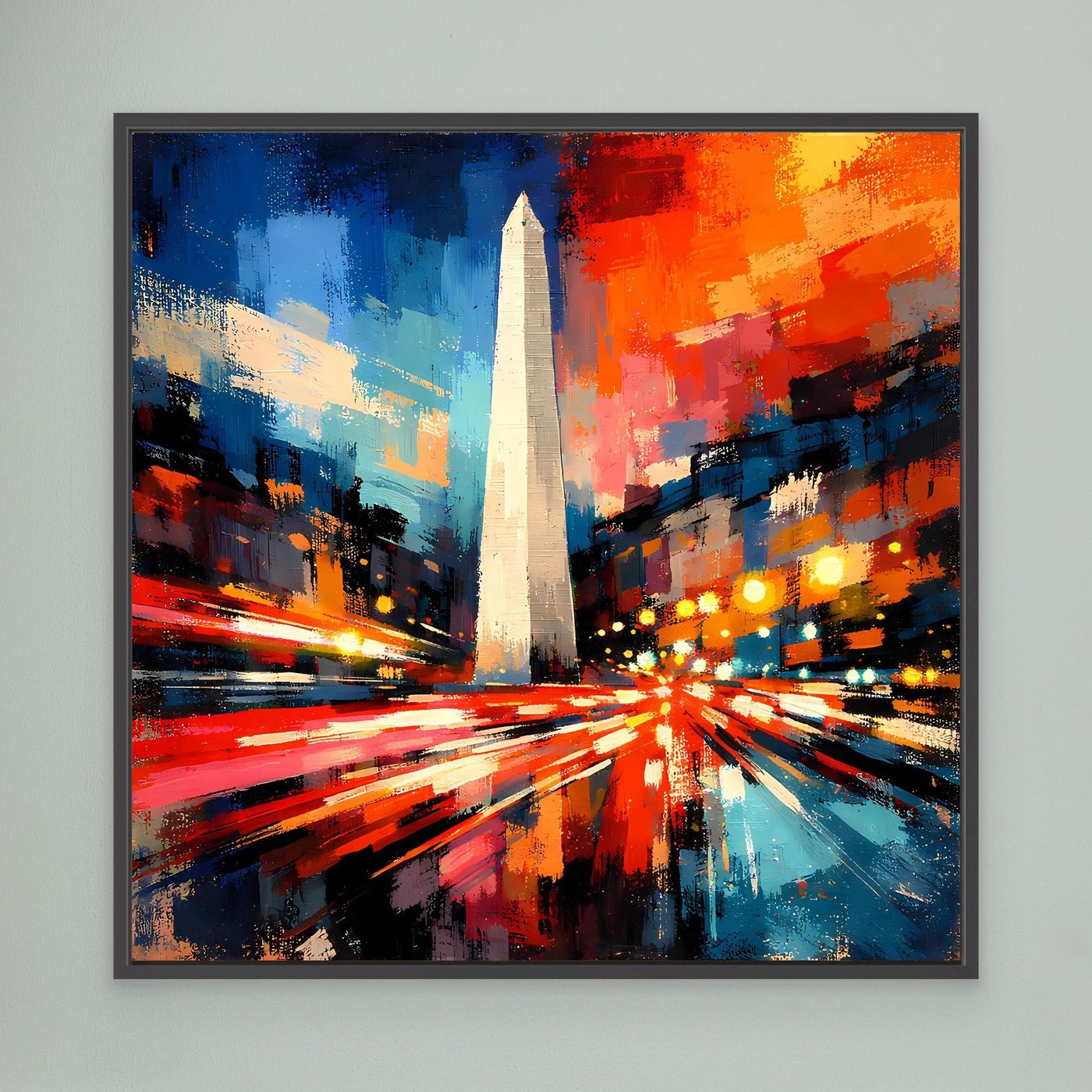 Abstraktes Wandbild mit Obelisk-Motiv in Blau, Rot und Orange, schwarz gerahmt
