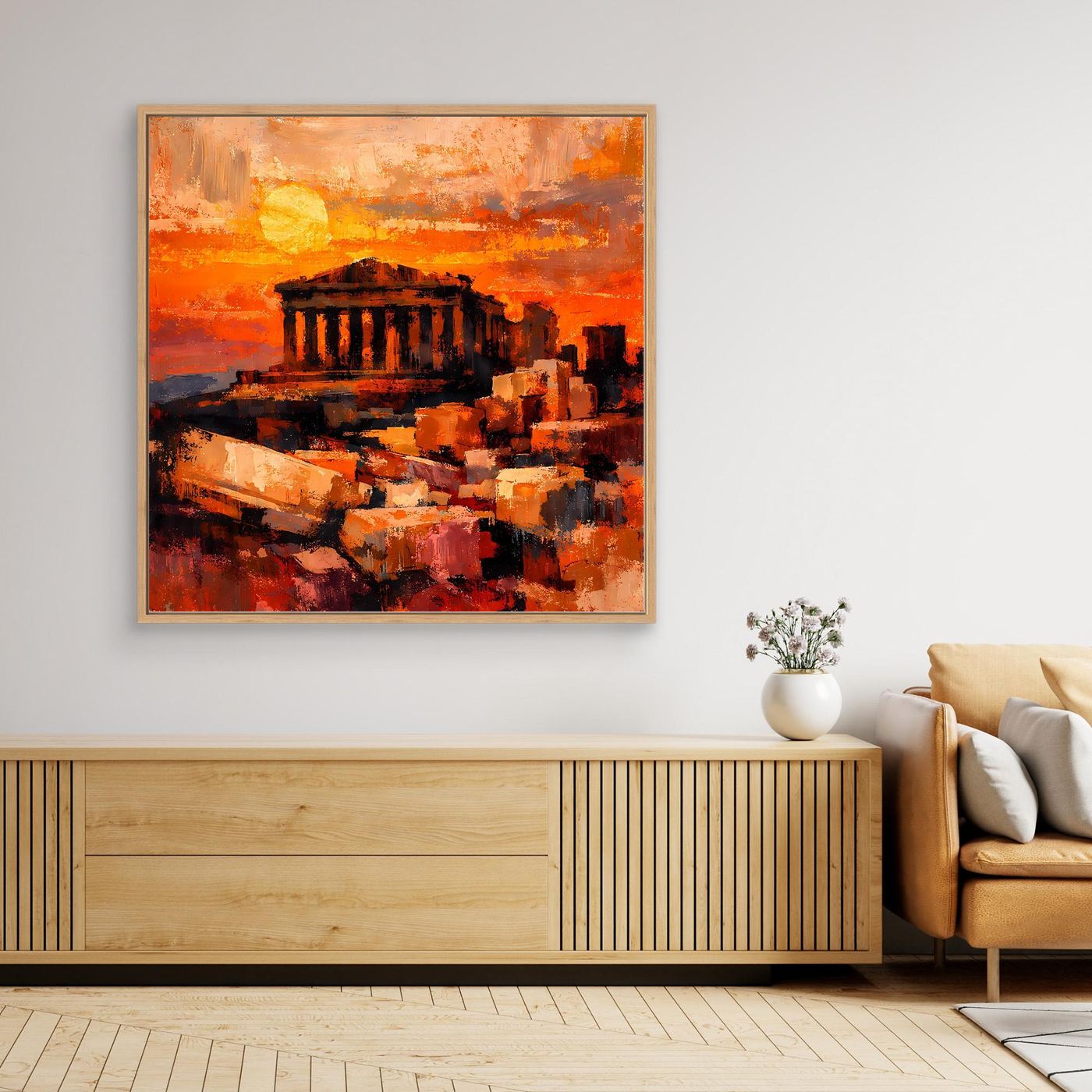 Leinwandbild mit abstraktem Akropolis-Sonnenuntergang, rechteckig, mit Holzrahmen