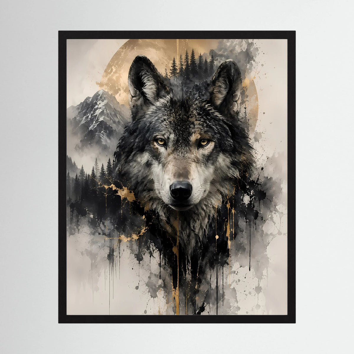 Gerahmtes Wolfsposter mit schwarzem Wolfporträt und goldenen Spritzern, im Hochformat