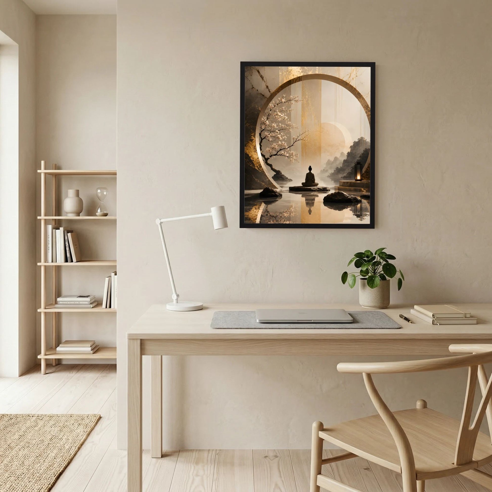 Wandposter im Hochformat: meditierende Figur im goldenen Kreis, Kirschblütenzweig, beige Bild