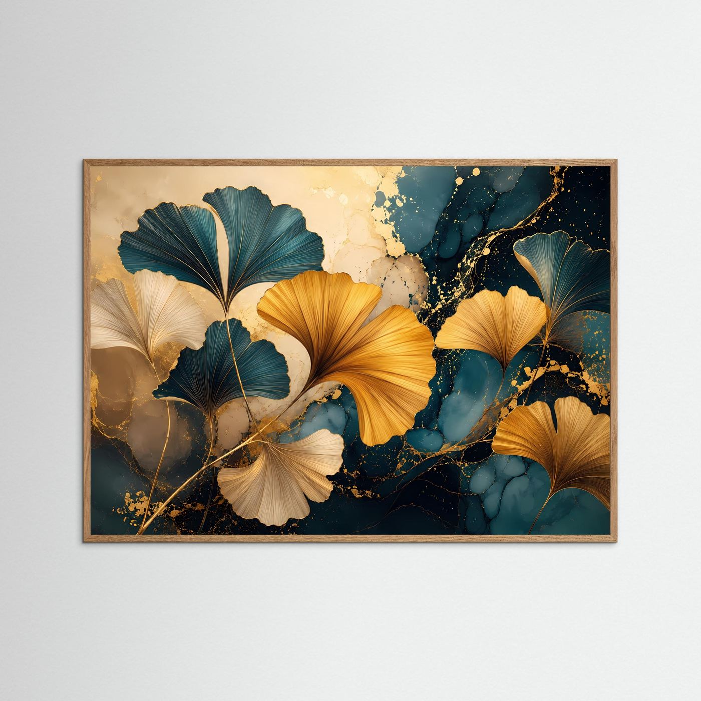 Ginkgo Blätter in Gold & Petrol | Elegante abstrakte Wandkunst
