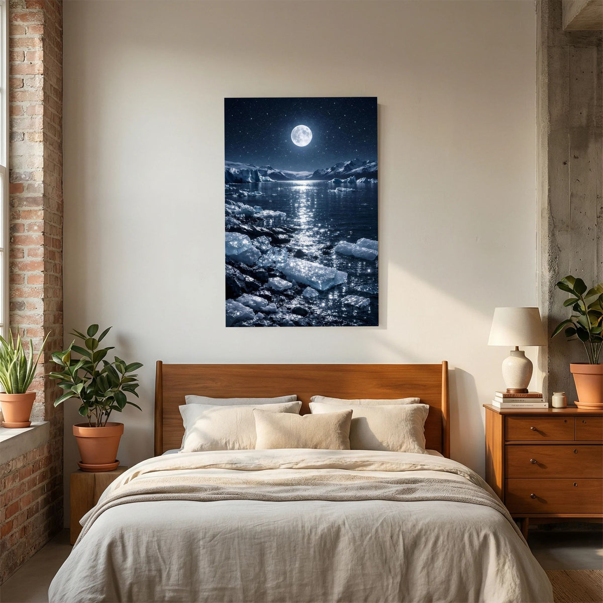 Wandbild Hochformat: Vollmond über eisiger Küste, Felsen im Vordergrund und Wasserreflexe