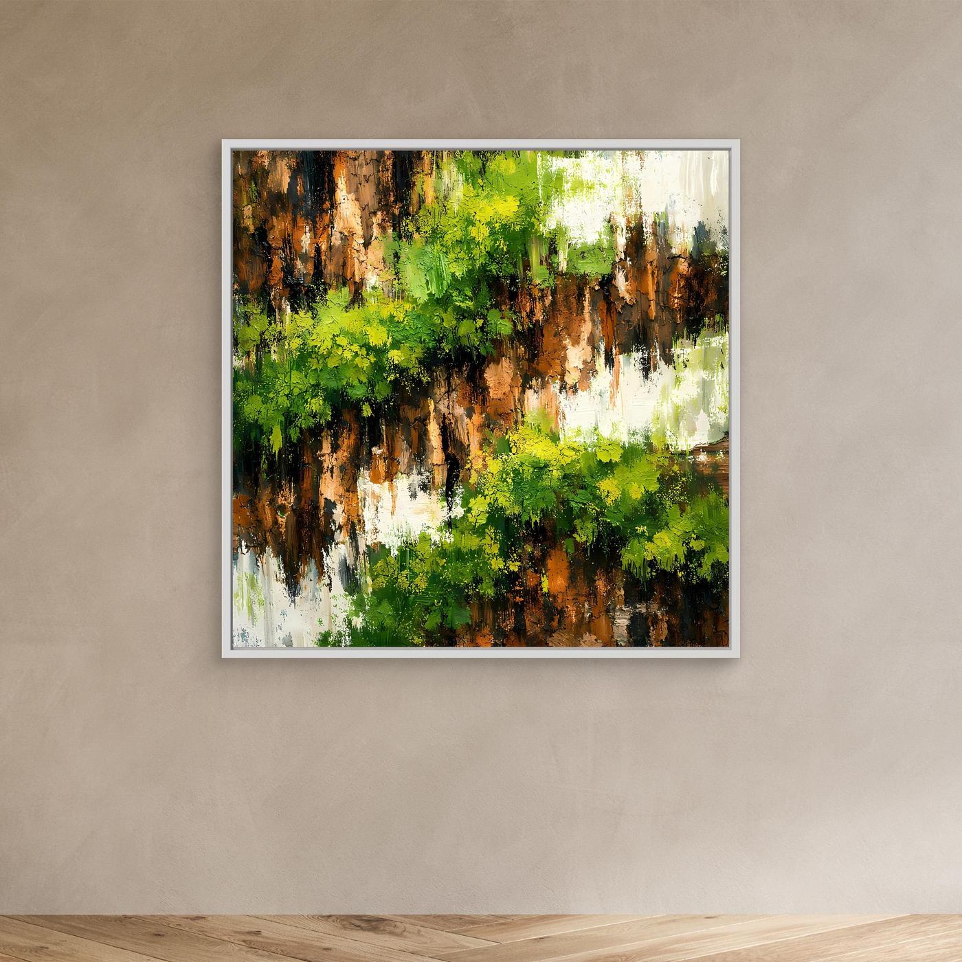 Wandbild mit bewachsener Felswand in Grün und Braun, abstraktes Leinwandmotiv, weißer Rahmen