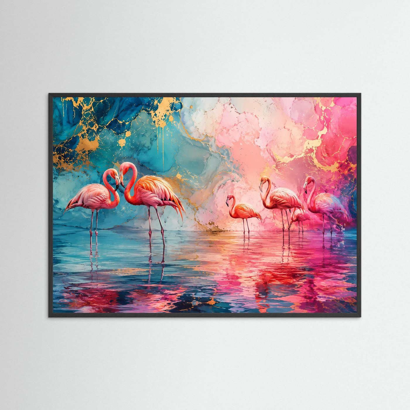 Elegante Flamingos in Pink & Blau | Modernes Wandbild & Kunst-Poster mit Goldakzenten