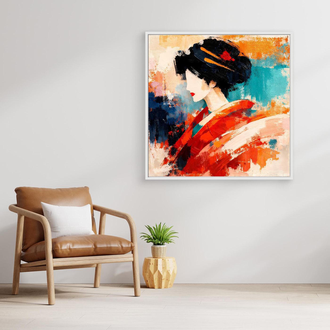 White-framed square canvas wall art of a geisha in red kimono with teal and orange abstract