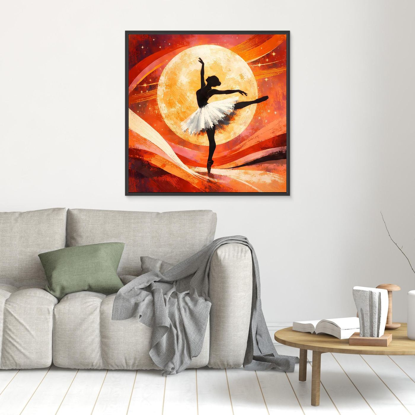 Leinwandbild mit dunklem Rahmen: Ballerina vor hellem Vollmond, abstrakte Rot-Orange Pinsel